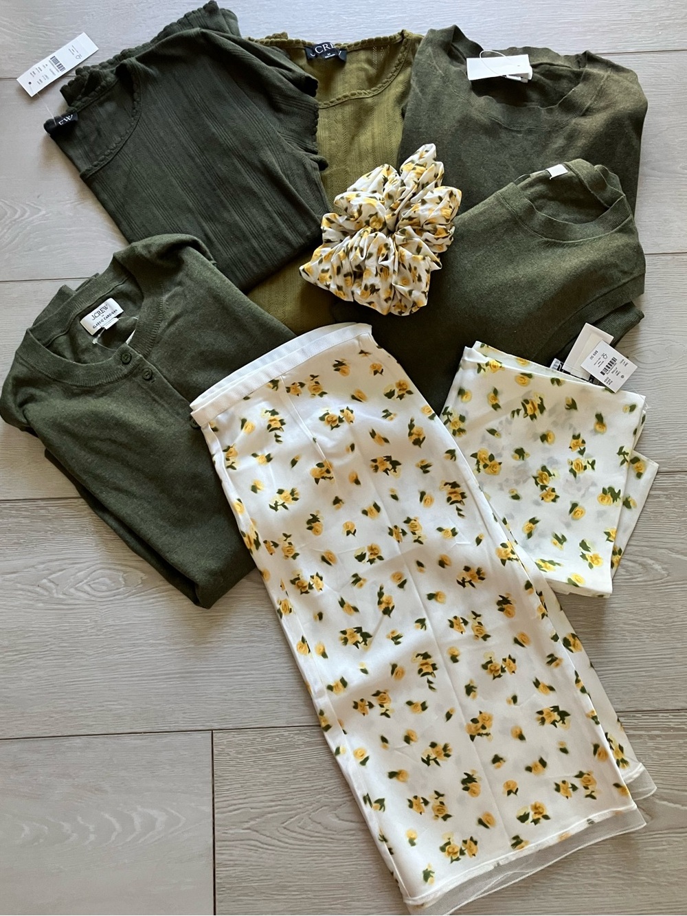 8 piece lot of J. Crew Olive Green Sweaters, Gwen Floral Skirt, Scaf Set